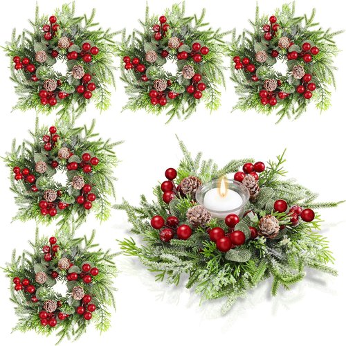 Lyrow Christmas Candle Rings - 6 Pcs Mini Wreaths with Artificial Berries & Snowy Pine | Holiday Decor
