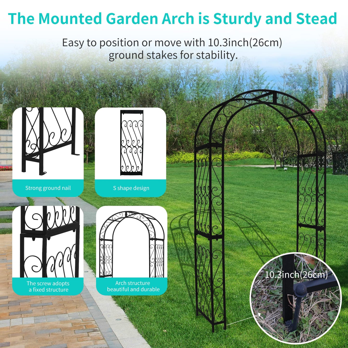Flohover 48.8" W x 83.8" H Garden Arch, Black Sturdy Metal Iron Arbor, Courtyard Cast Trellis for Various Climbing Plant, Outdoor European-Style Archway Wedding Ceremony Party