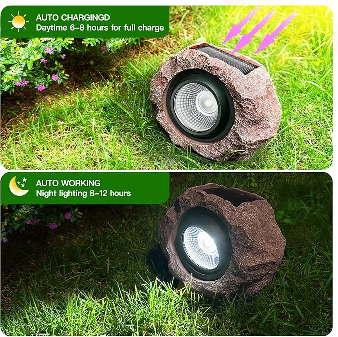 4 Pack Solar Rock Lights Outdoor, Angle Adjustable Solar Lights Outdoor Waterproof, LED Solar Garden Lights, Auto On/Off Landscape Lighting for Yard Pathway Patio Flower Bed - White Glow (Stone Brown)