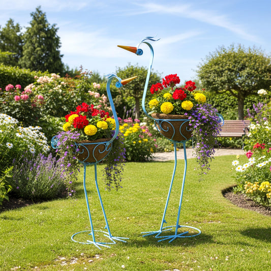 J-Fly 2 Sets Pelican Metal Flowers Plant Holders Stand with Coconut Pots, Plants Stand Indoor Flower Pots Outdoor, Room Home Living Room Front Outdoor Patio Decor, Gardening Valentine Decoration Gifts