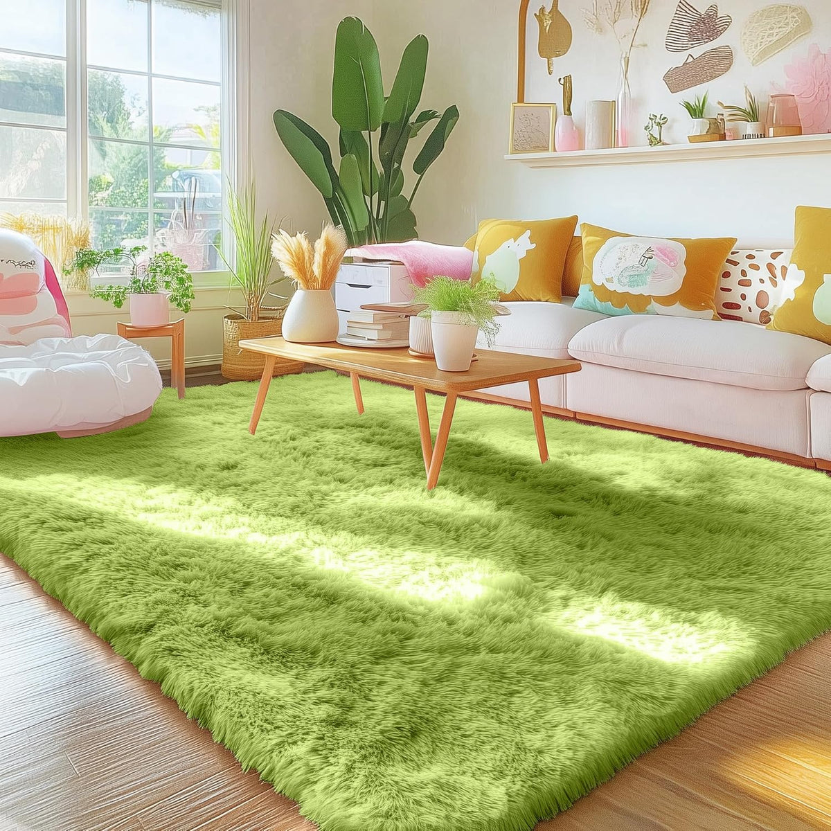 OLANLY Area Rug - Soft Fluffy Shaggy Design | Machine Washable 4x5.9 ft - Grass Green for Living Room & Bedroom