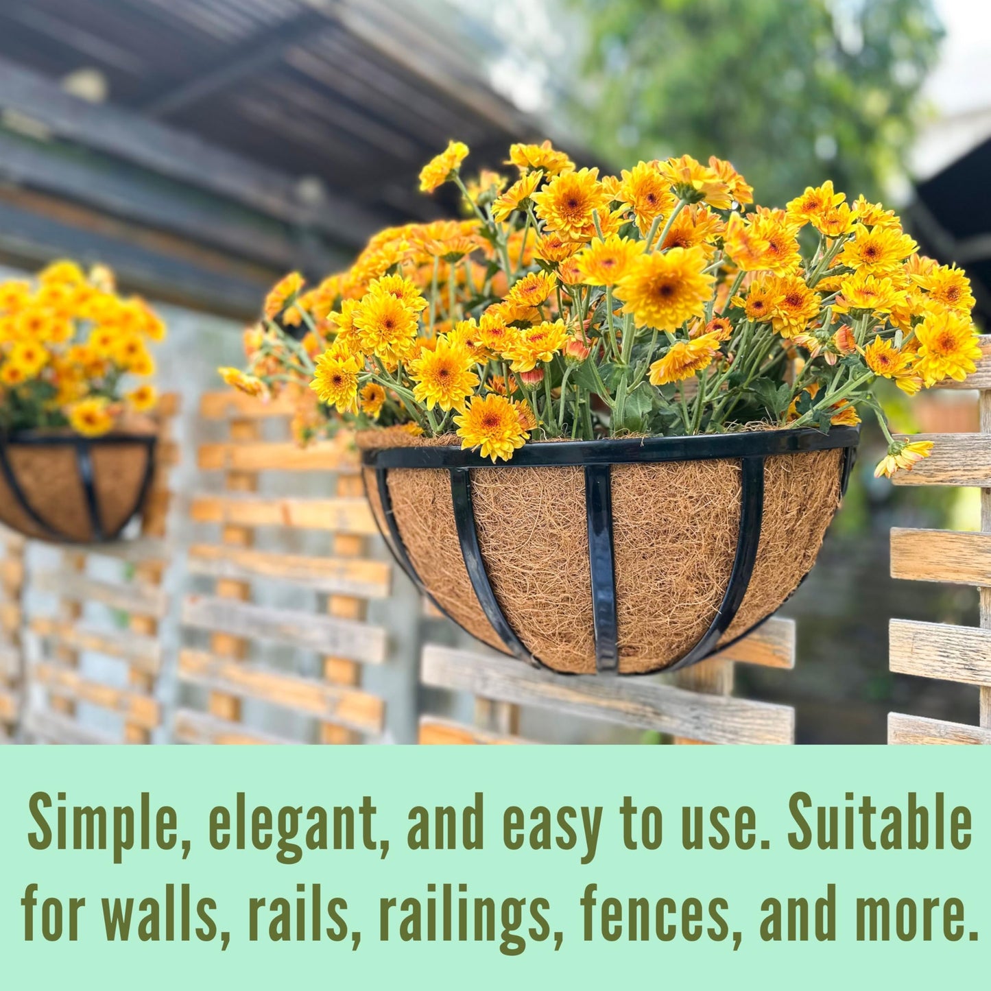 LalaGreen Wall Planters (2 Pack, 14 Inch) Black Metal Deck Railing Planter Boxes with Coco Liners, Window Basket Hanging Flower Pot for Outdoor Plants, Modern Horse Trough Fence, Balcony, Patio Porch