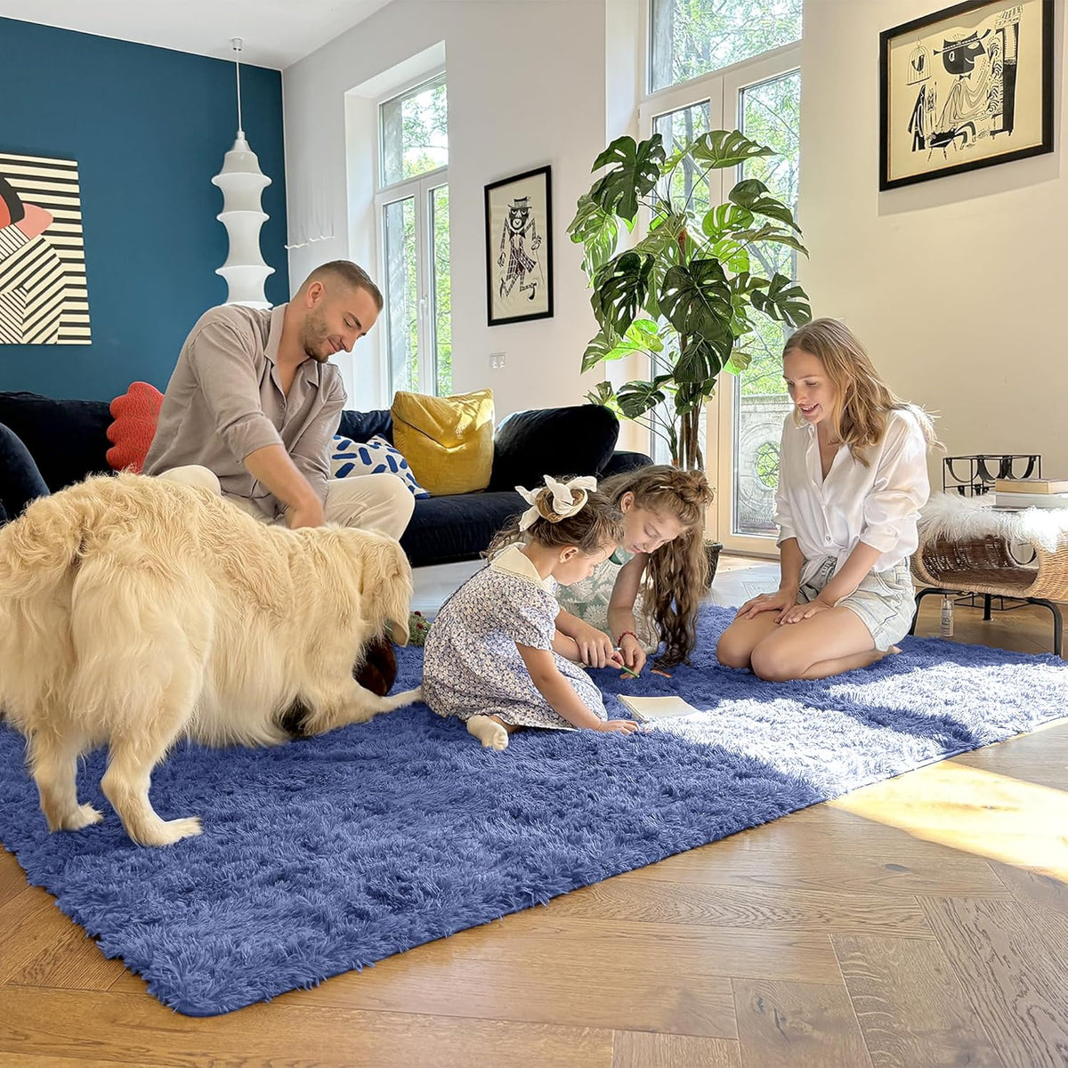 OLANLY Large Area Rug - Soft Fluffy Shaggy Carpet for Living Room & Bedroom | 5x7 Denim Blue