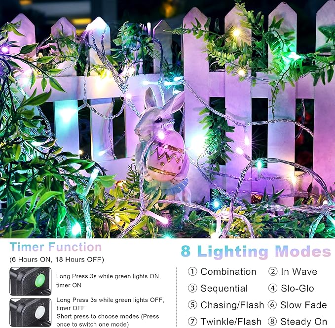Joomer Easter String Lights 65FT 200 LED String Lights with 8 Modes Timer Connectable Waterproof Plug-in Indoor Outdoor Pastel Fairy lights for Easter Decorations