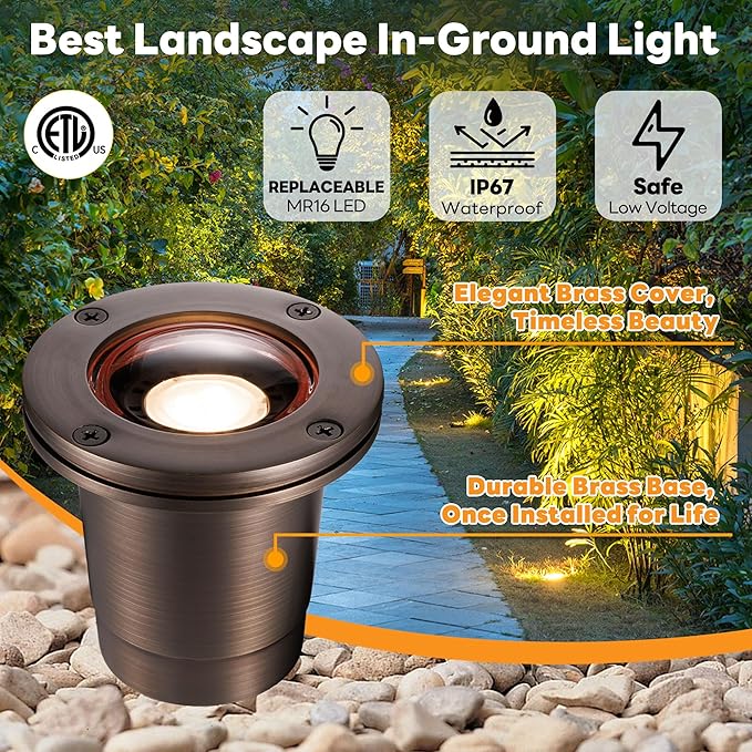 Gardenreet In Ground Landscape Lighting Low Voltage - Brass Ip67 LED Well Light, 12V Hardwired Outdoor Inground Light, Antique Bronze for Lawn Garden Patio with 2700K Warm White MR16 Bulb (10 Pack)