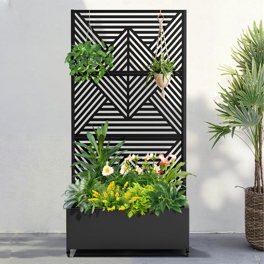 FENCY Metal Raised Garden Bed with Wheels and Trellis,73"x35"x16" Planter Box for Climbing Plants, Vegetables & Vines, Features Privacy Screen and Drainage Holes (Black-Modern)