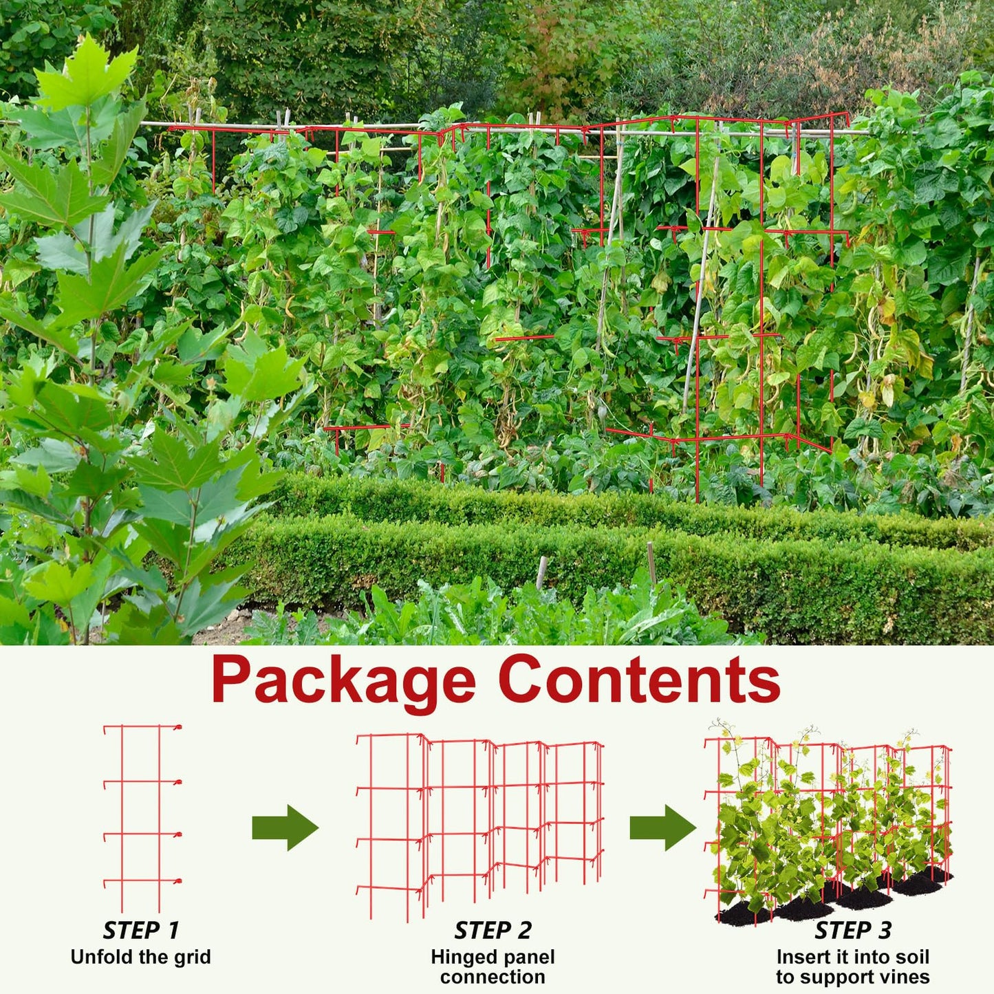 Blulu Sturdy Expandable Tall Pea Trellis Panel Folding Garden Trellis for Climbing Plants 9' x 39" H Multi Use Heavy Duty Outdoor Garden Peas Tomato Cucumber Steel Plant Support Red W/ 8" Grids