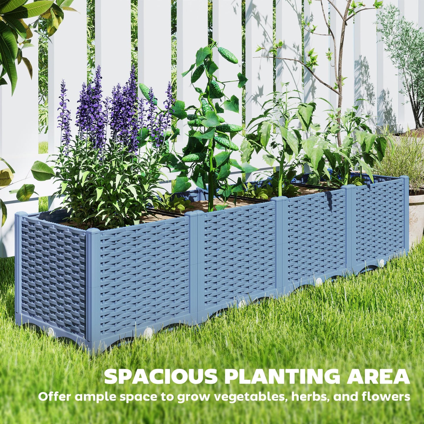 Outsunny 5 x 1 x 1 ft Raised Garden Bed, Indoor Outdoor Plastic Planter Box with Drainage Holes, Drain Plugs and Water Reservoirs for Vegetables, Herbs, Flowers & Succulents, Blue