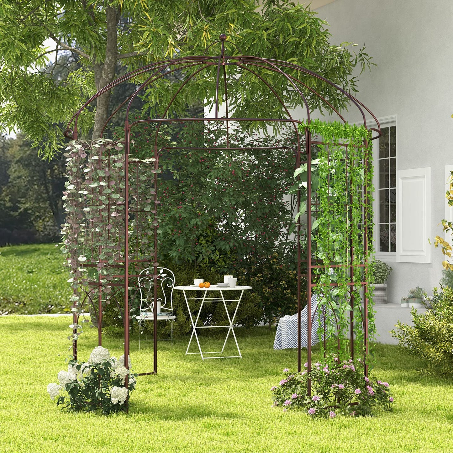 HAPPYGRILL Birdcage Shape Garden Arbor, 7 x 8.4 ft Heavy Duty Metal Garden Gazebo Pergola with Trellis, Garden Arch Trellis for for Climbing Plants Wedding Party Decor Outdoor Arch Pavilion for Lawn