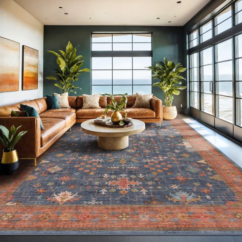 Boho Navy Blue 10x12 Area Rug for Living Room, Extra Large Dining Room Rugs for Under Table, Soft Low Pile Carpet for Bedroom - Vintage Floral Rug, Non-Slip, Lightweight & Stain Resistance