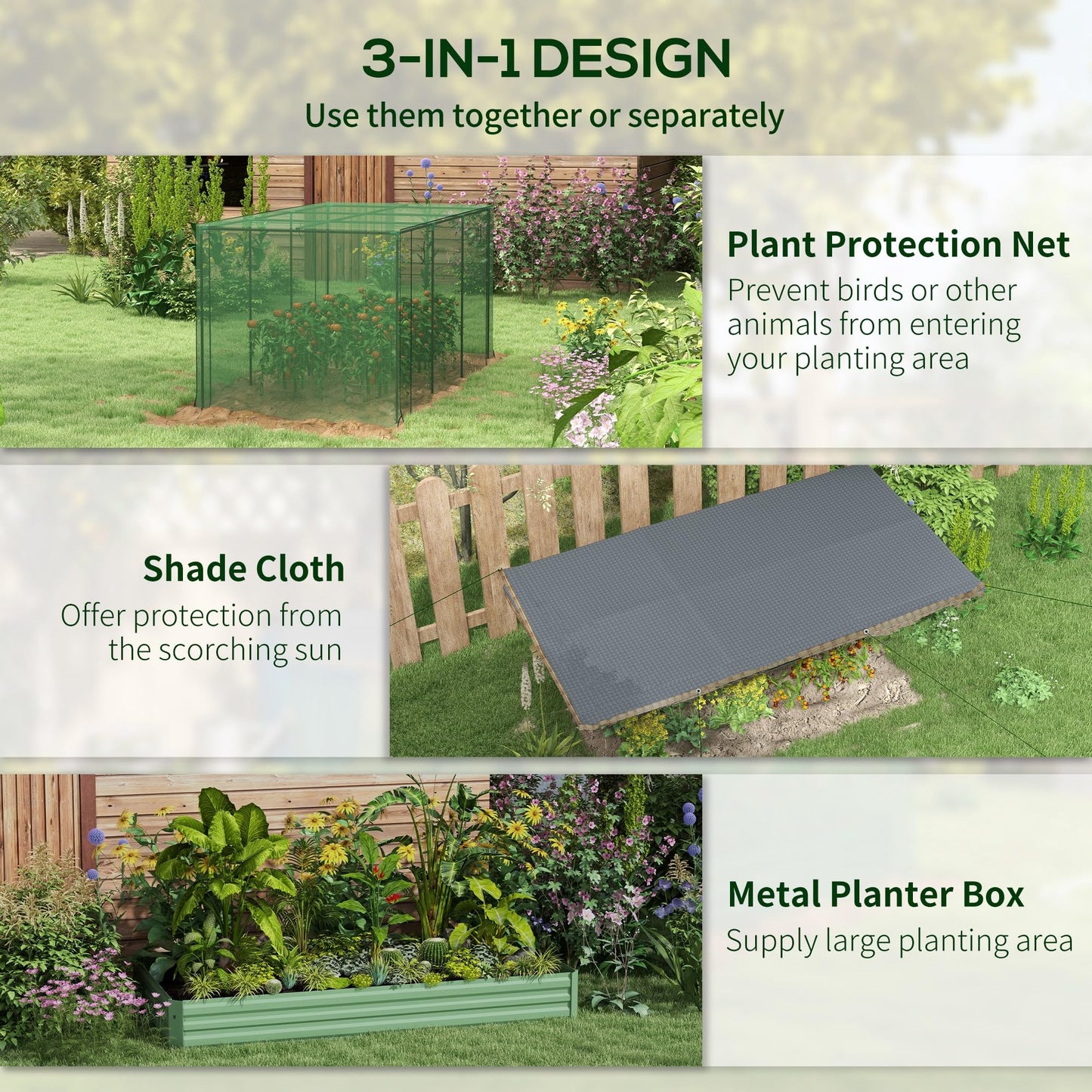 Outsunny 7.3 x 3.4 x 1 ft Galvanized Raised Garden Bed with Crop Cage Plant Protection Net and Shade Cloth Roof, Metal Planter Box with Cover for Vegetables, Flowers, Herbs, Green