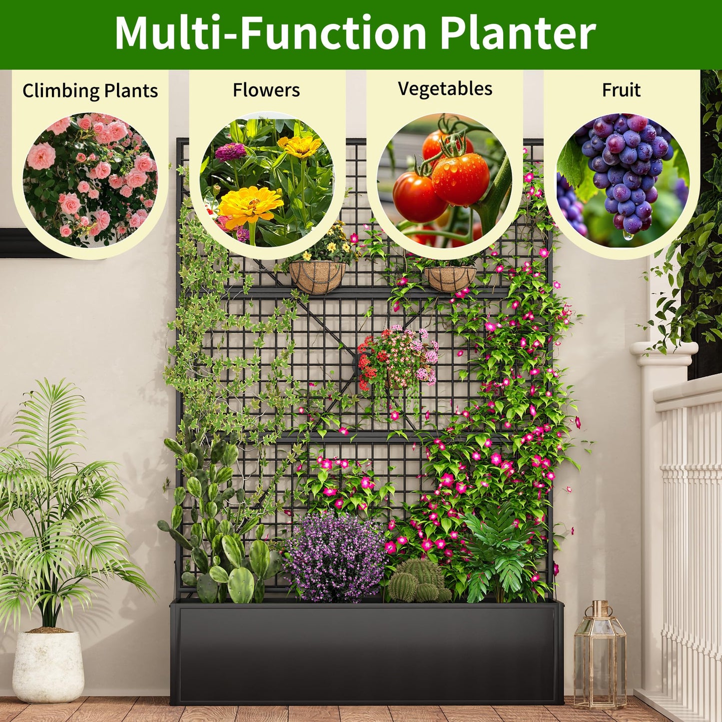 Privacy Planters for Patio – Metal Raised Garden Bed with Trellis and Privacy Screen, 71"×47.2"×16" Planter Box with Drainage Holes for Climbing Plants, Vegetables, and Vines, Outdoor Backyard Black