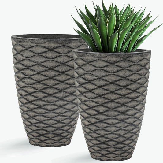 Autodaya 20" Tall Planters Set of 2, High-Density Resin Wavy Outdoor Pots for Plants, Versatile Indoor/Outdoor Flower Pots w/Drainage Holes for Patio, Garden, Porch & Living Room Decor, Ideal Gift