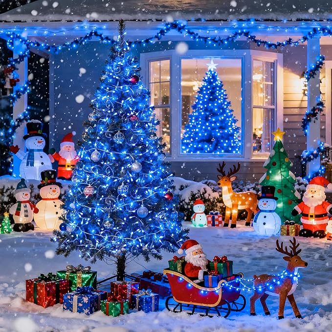 JMEXSUSS 163 FT 500 LED Blue Christmas Lights Outdoor, Waterproof Blue String Light Plug in, 8 Modes Clear Wire Christmas String Lights for Tree Yard Patio House Party Decorations