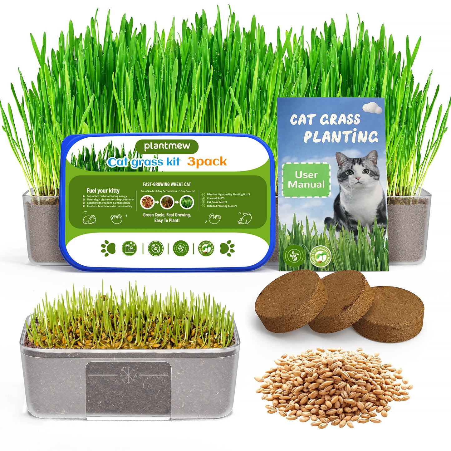 Cat Grass Growing Kit for Indoor Cats – Fast Growing (3-7 Days Harvest), Wheat Seeds, BPA-Free Planter & Soil – Helps Hairball Control, Digestion & Fresh Breath – Green Fresh (3 Pack)