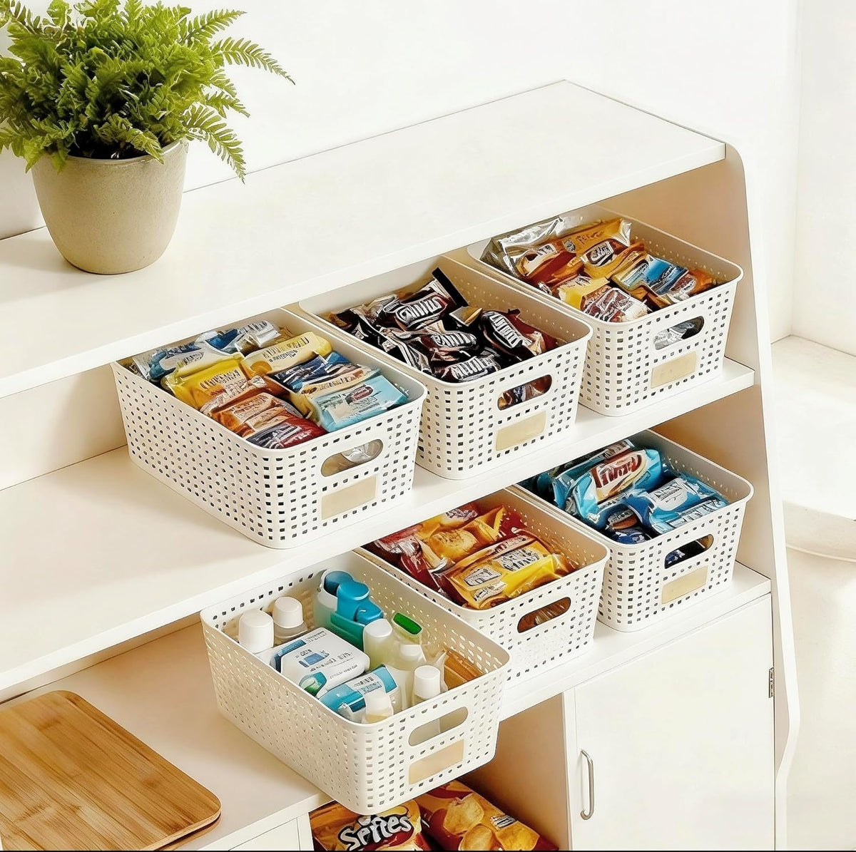 Skiennix Storage Bins - Stackable Plastic Baskets with Bamboo Lids | 6-Pack Pantry Organizer, 10x7.1x4.1in