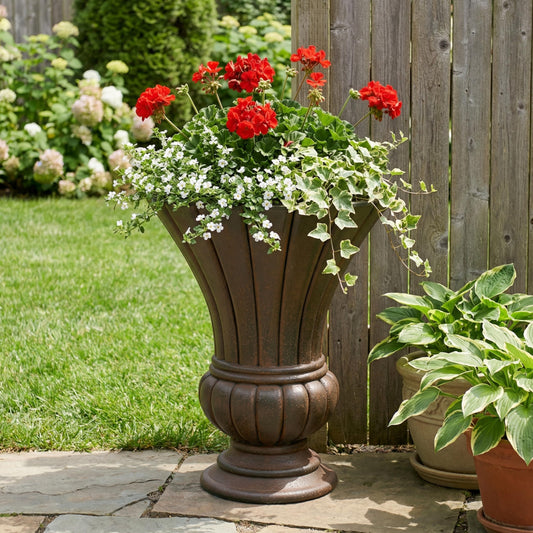 Merax 22.44" H Vintage Fluted Pedestal Urn Planter Weather-Resistant MGO Outdoor Flower Pot for Garden Patio and Front Porch Entrance,Antique Bronze