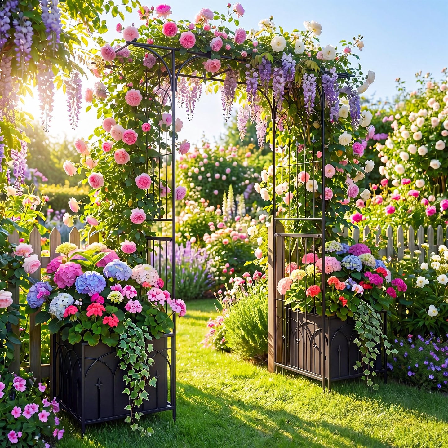 Giantex Garden Arbor with Gate and Planter, 79" W x 81" H Metal Arch Trellis with Double Doors, Outdoor Archway for Climbing Plants, Weddings, Backyard, Patio, Lawn, Ceremony Party Decoration