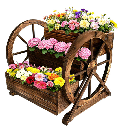 3 Tier Large Wooden Wagon Planter Box|Outdoor Planter/Flower Pot for Indoor&Outdoor Plants-Rustic Garden Planter for Patio,Porch&Garden Decor-Raised Garden Bed for Succulents,Herbs,Vegetables