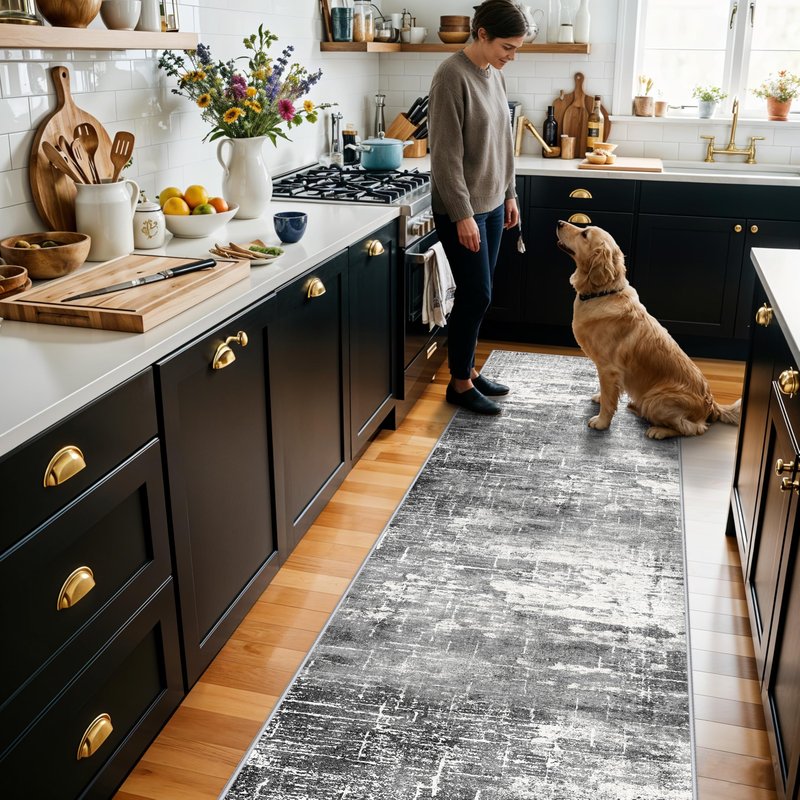 Washable 2x5 Kitchen Area Rug: Non-Slip Abstract Water-Resistant Entryway Rug Soft Sink Fridge Area Bedroom Carpet Low Pile Floor Mat for Bathroom Laundry Nursery Non-Shedding Runner(2X5,Black/Grey)