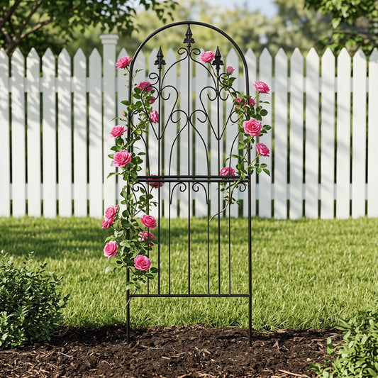 SCENDOR Garden Trellis for Climbing Plants 59" H x 21.7" W Metal Unique Design Decorative Garden Structure Weather-Resistant Lattice Outdoor Decor Flowers Roses Vine Ivy Clematis Black Coating