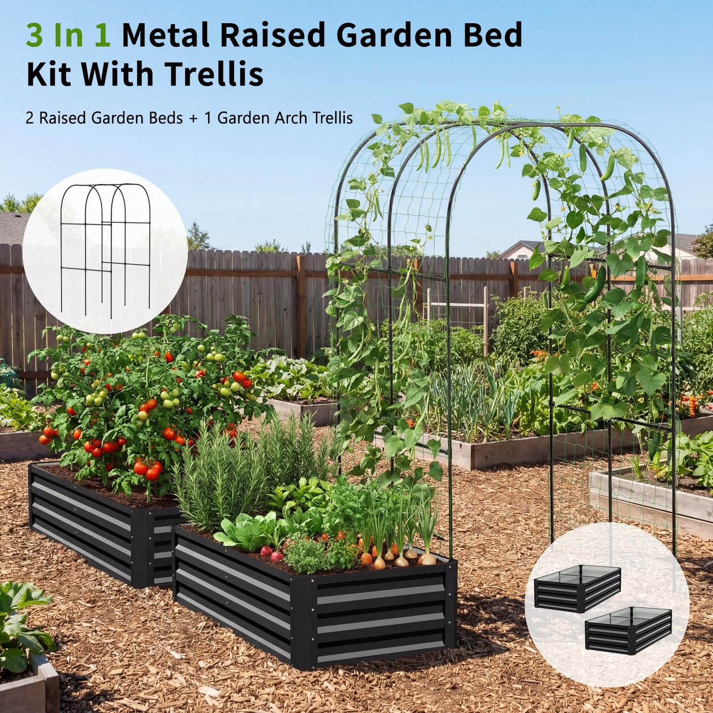 DoCred 3 in 1 Raised Garden Bed with 87in Tall Arch Trellis for Climbing Plants, Galvanized Planter Garden Box Outdoor for Gardening, Climbing Vegetables, Flower, Black