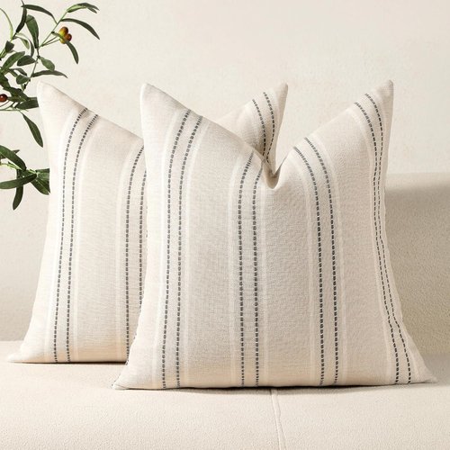 Hckot Throw Pillow Covers - Set of 2 Textured Linen Striped Decorative Cushions | 20x20 Inches, Grey
