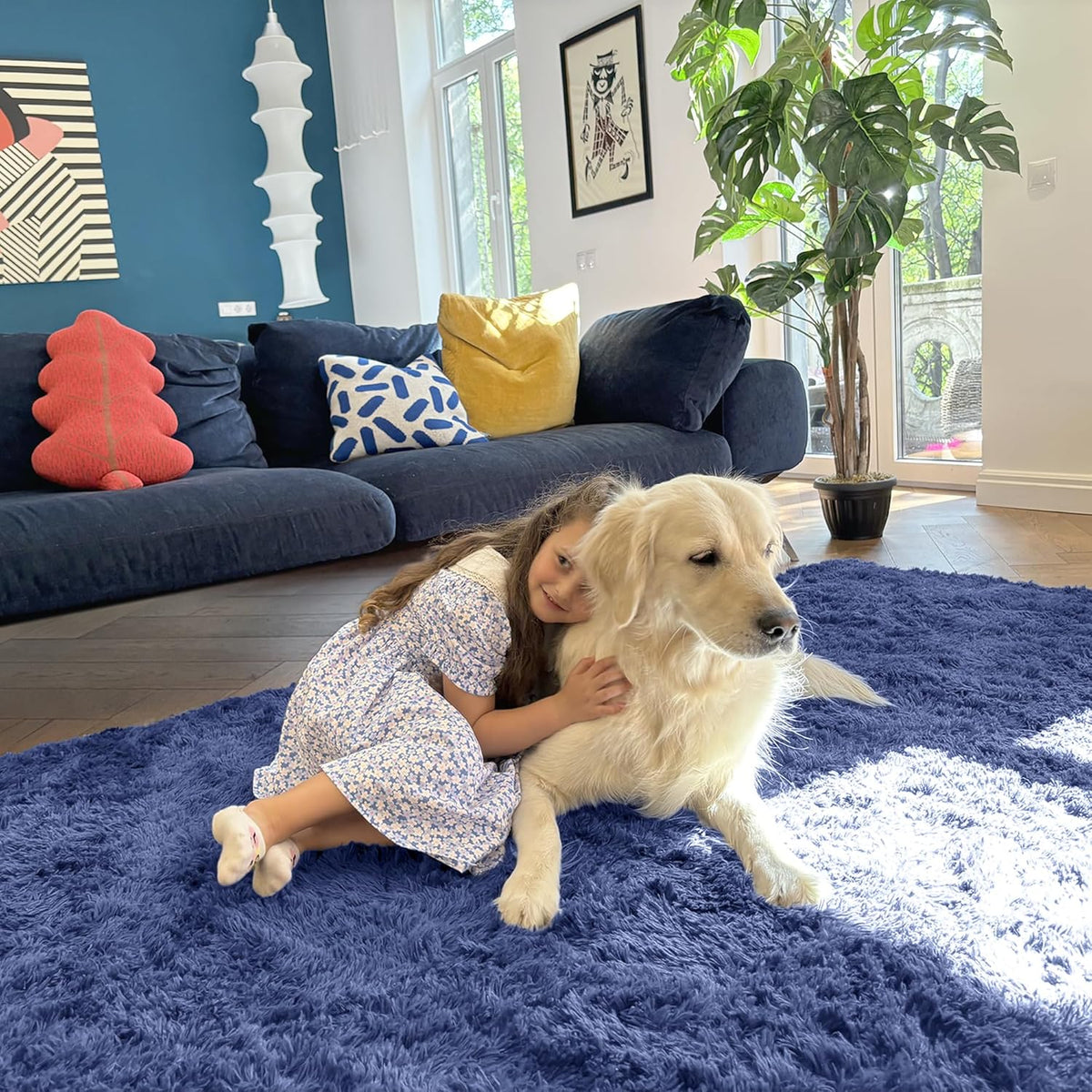 OLANLY Large Area Rug - Soft Fluffy Shaggy Carpet for Living Room & Bedroom | 5x7 Denim Blue