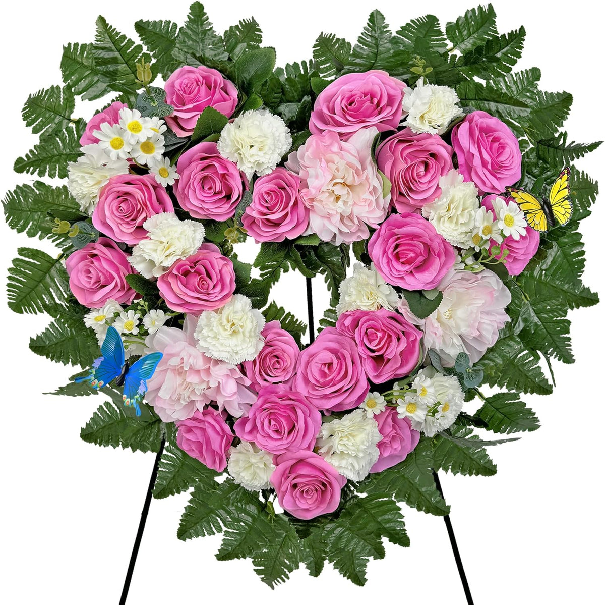 MUVIC Cemetery Flower Wreath - Elegant Heart-Shaped Memorial Floral Arrangement | 27-Inch Pink Hibiscus, Rose, Carnation, Daisy