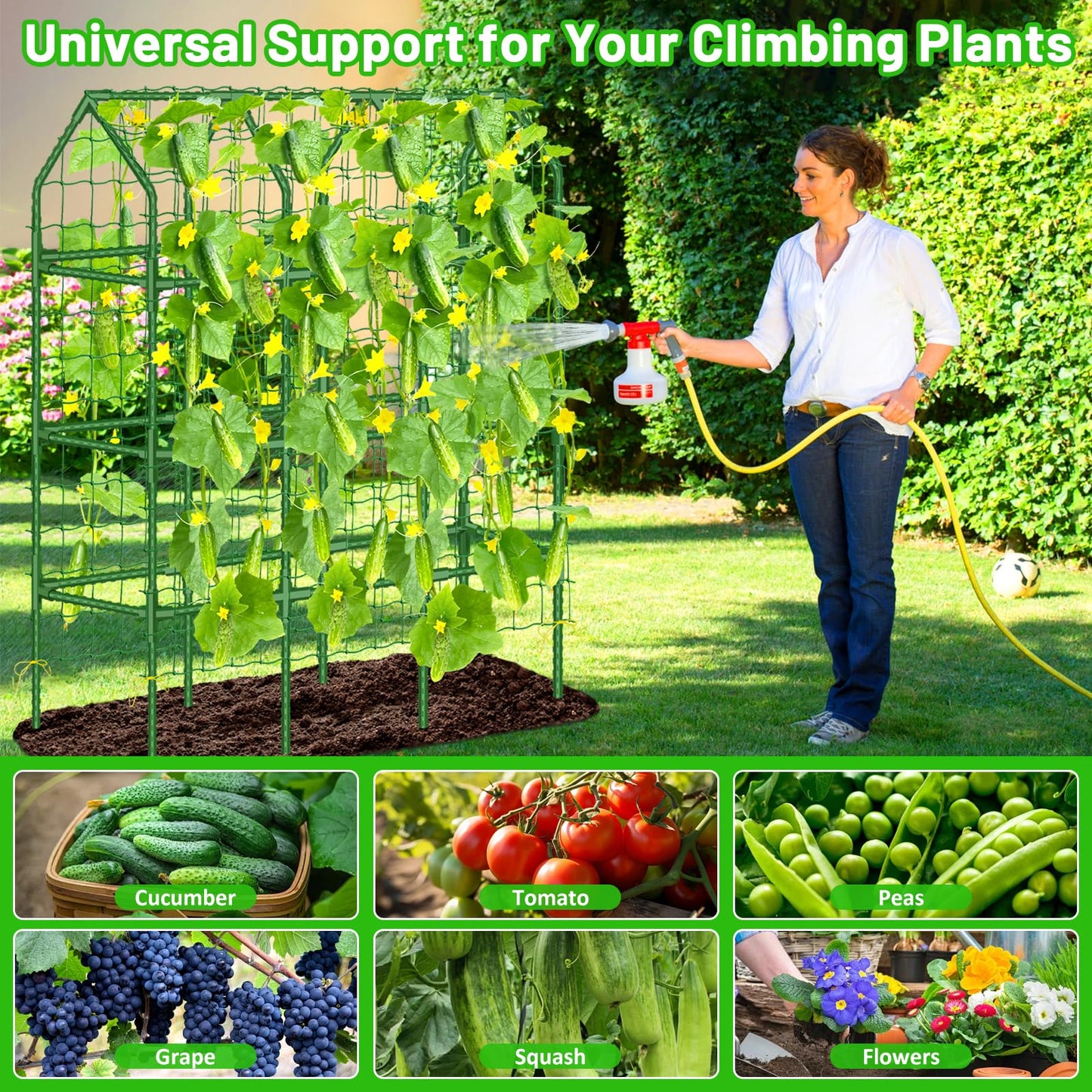 Sunwinx 50x65 Inch Cucumber Trellis for Raised Beds, V-Frame Metal Plant Garden Trellis for Climbing Plants Outdoor with Climbing Netting for Tomato Vegetable Grape Vine Bean Pea Squash