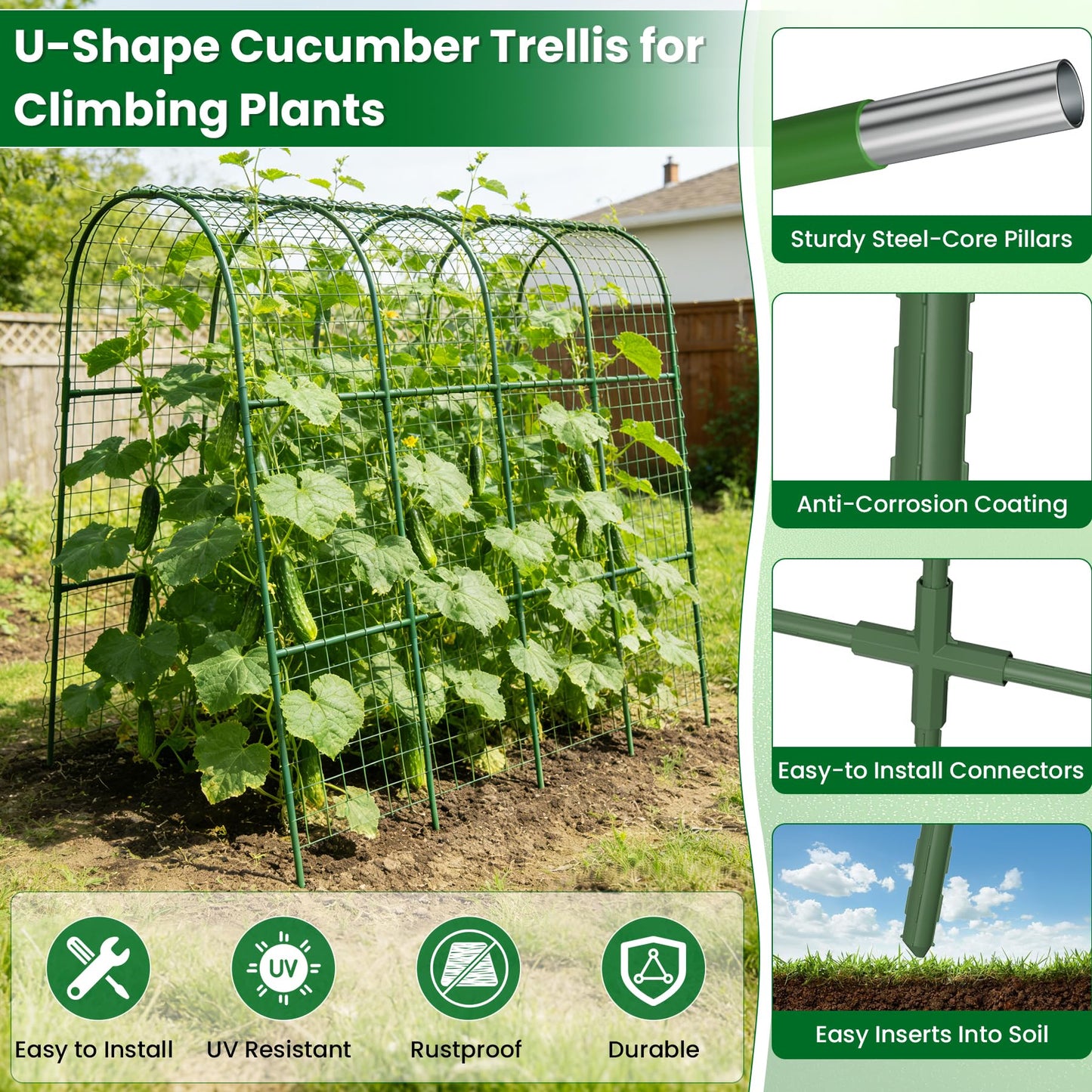 Cucumber Trellis for Raised Bed 64" L x 48" H, U-Shape Garden Trellis for Climbing Plants Outdoor, Metal Arch Trellis for Vegetables, Plant Support for Tomato Pea Zucchini Grape Flowers