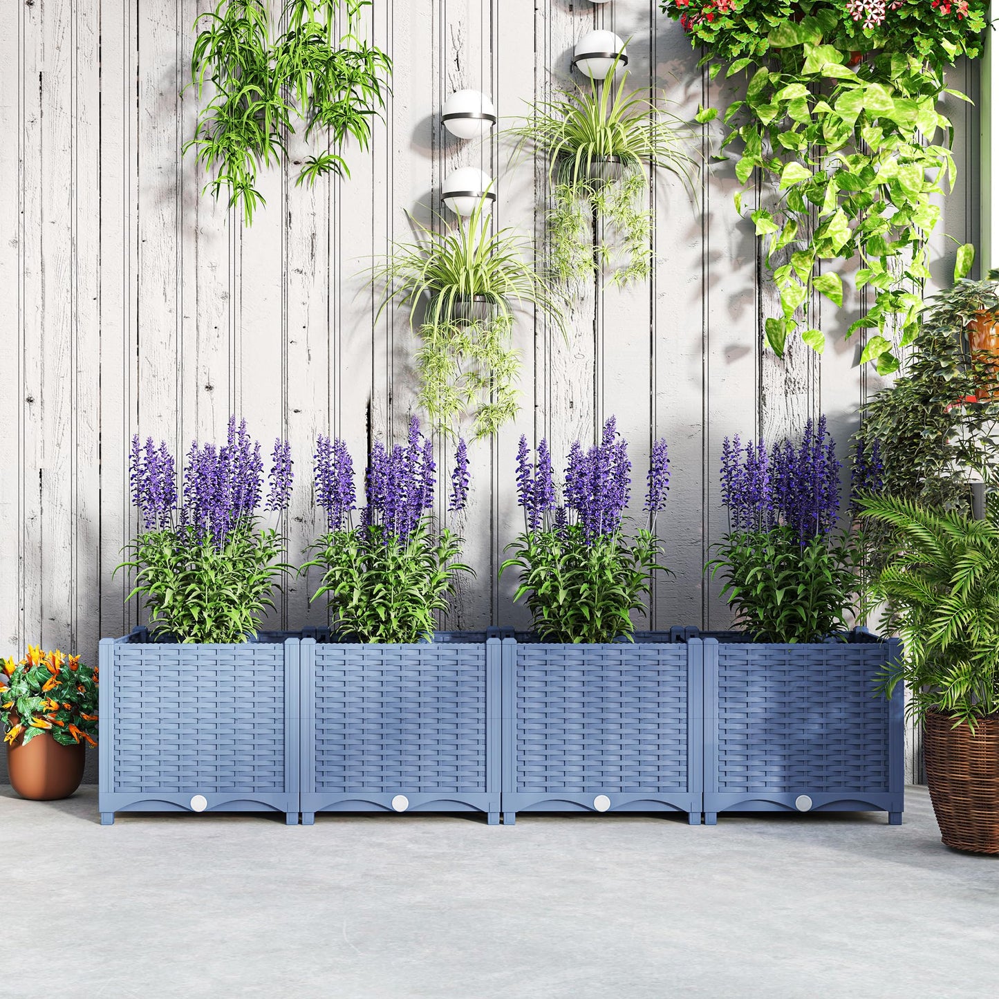Outsunny 5 x 1 x 1 ft Raised Garden Bed, Indoor Outdoor Plastic Planter Box with Drainage Holes, Drain Plugs and Water Reservoirs for Vegetables, Herbs, Flowers & Succulents, Blue
