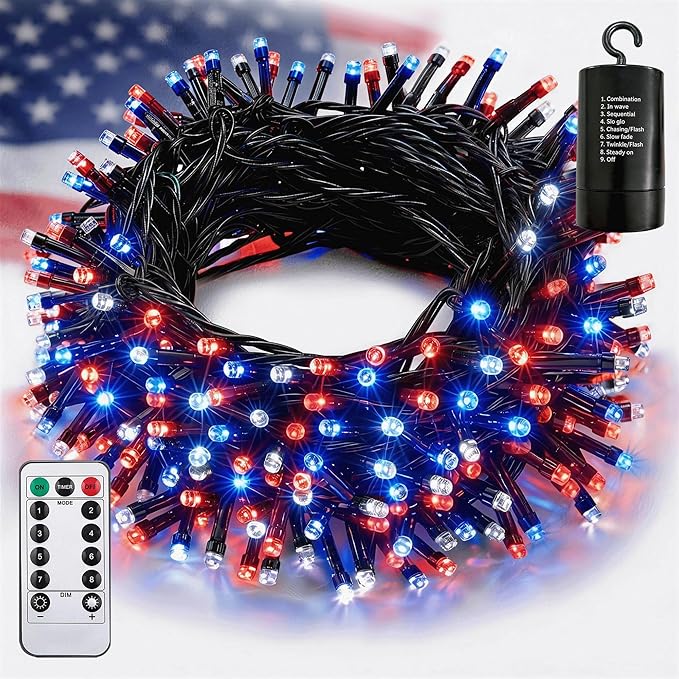 66ft 200LED Red White Blue Patriotic Lights for 4th of July Decoration Battery Fairy String Lights Indoor Outdoor Waterproof Remote Timer 8 Modes for Independence Day American Flag Holiday