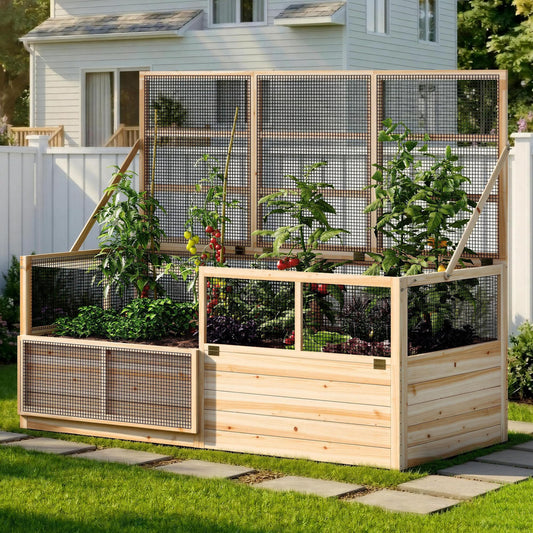 AMERLIFE Raised Garden Bed with Hinged Fencing and Trellis, 18 Inch Deepened Wood Planter Box, 2 PCS Flip-up Front Panel, Easy Assembly, Ideal for Seed Starting and Growing Vegetables & Fruits