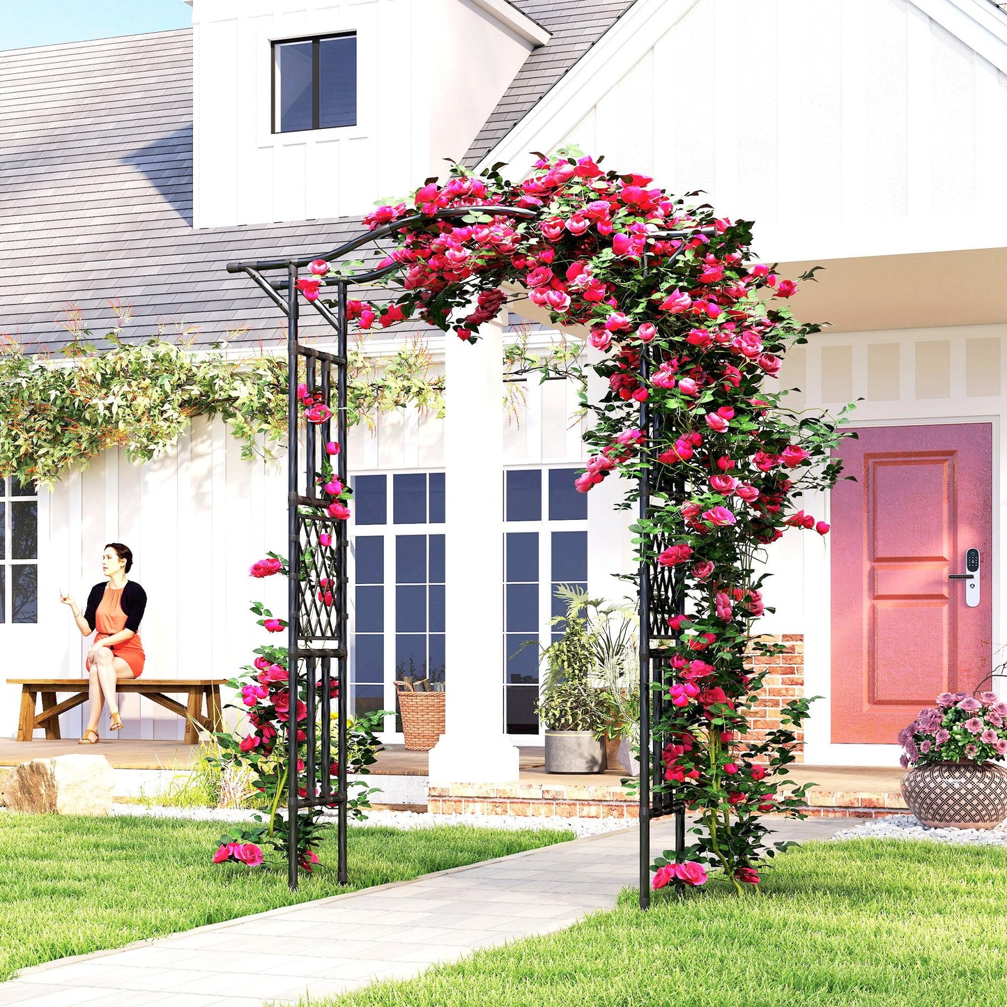 Outsunny Garden Arch, 7.5ft PE-Coated Steel Garden Arch Trellis for Climbing Plants, Arbour Archway with Extended Top for Wedding Ceremony Backyard Lawn Patio, Black