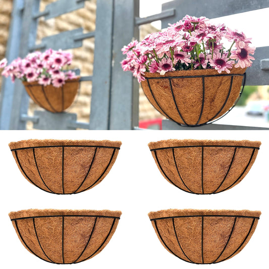 LaLaGreen Wall Planter Outdoor, 4 Pack, 14 Inch Large Wall Hanging Flower Basket with Coco Liner, Vertical Living Wall Mounted Wire Pot Outside Fence Railing Plant Pots Holder Deck Porch Balcony Patio