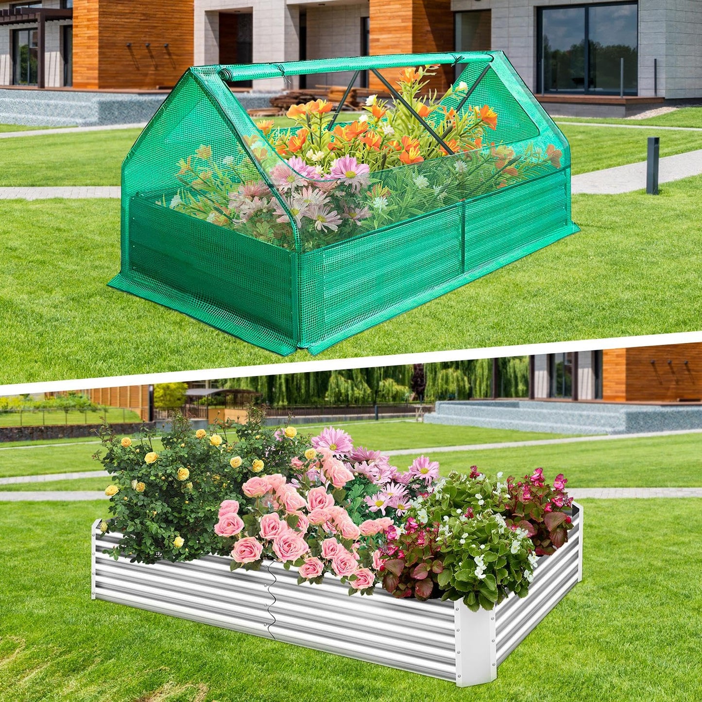 Portable Raised Garden Bed with Mini Greenhouse, 6 x 3 x 1 FT Galvanized Metal Planter Box with 2 Roll-up Zipper Windows PE Cover for Ventilation, Small Greenhouse for Outside Flower Herb Garden