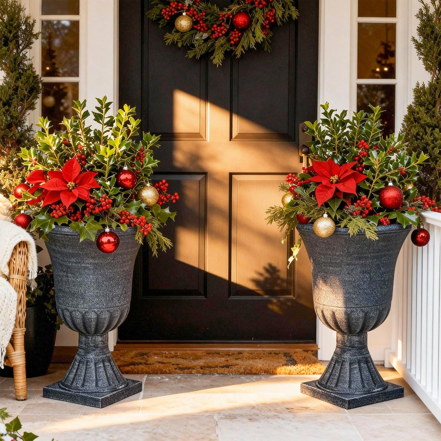 Autodaya 22" Timeless Urn Planters for Outdoor Plants, Set of 2 Plastic Large Flower Pot with Handmade Washed Black Finish, Weather-Resistant for Porch, Garden, Patio or Indoor Use