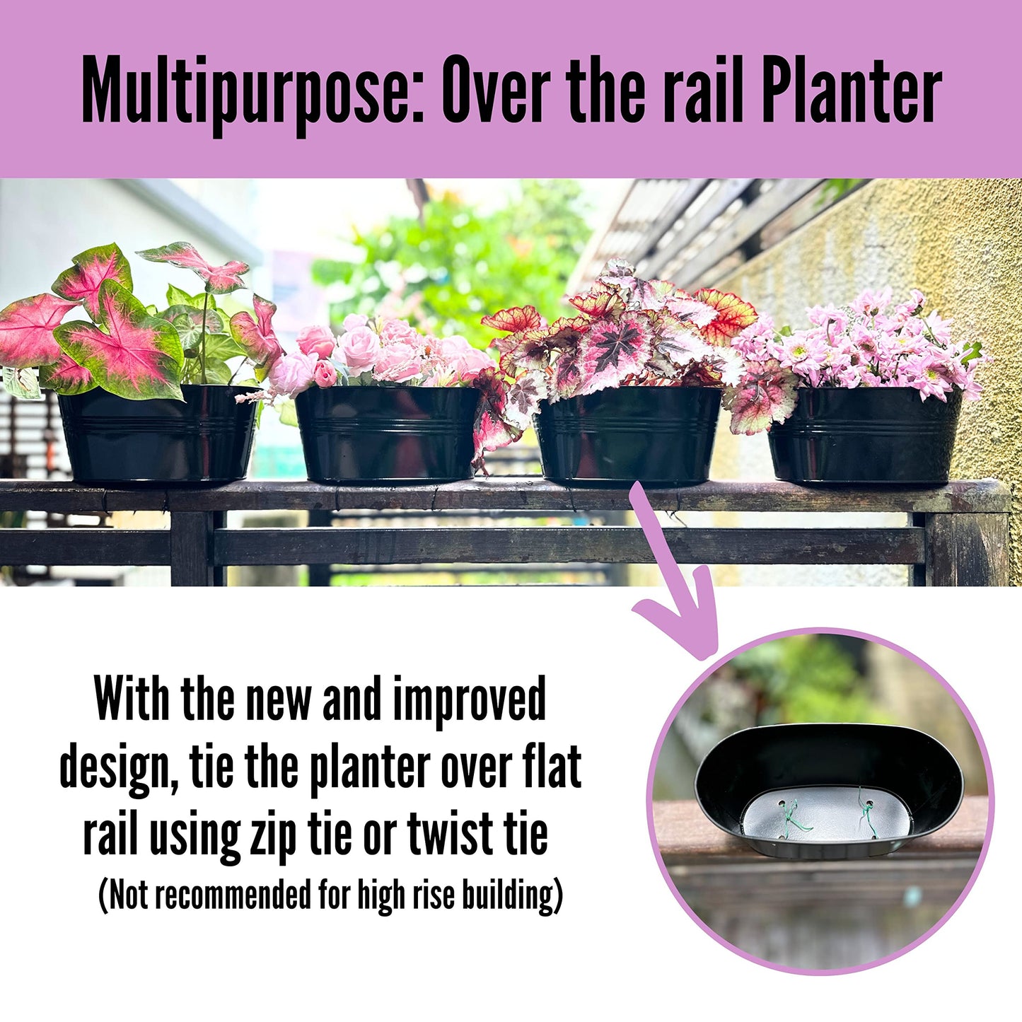 LaLaGreen Outdoor Rail Planter (11.8 Inch, 4 Pack) Black Metal Iron Hanging Flower Pots Deck Railings Fence Buckets Modern Countryside Boho Style Wall Mount Window Box Plant Holder Hooks Porch Decor