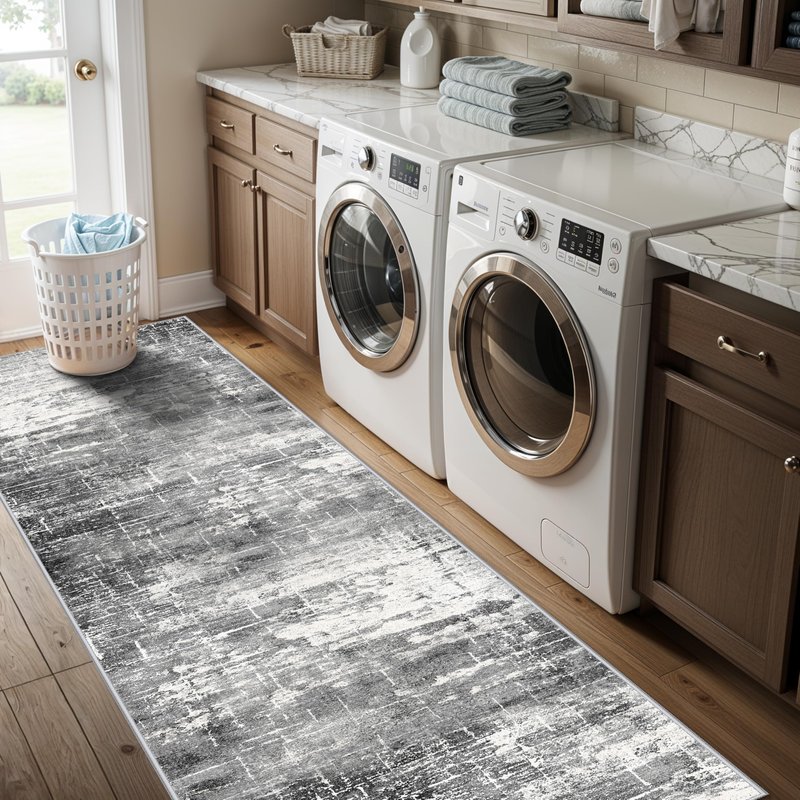 Washable 2x5 Kitchen Area Rug: Non-Slip Abstract Water-Resistant Entryway Rug Soft Sink Fridge Area Bedroom Carpet Low Pile Floor Mat for Bathroom Laundry Nursery Non-Shedding Runner(2X5,Black/Grey)