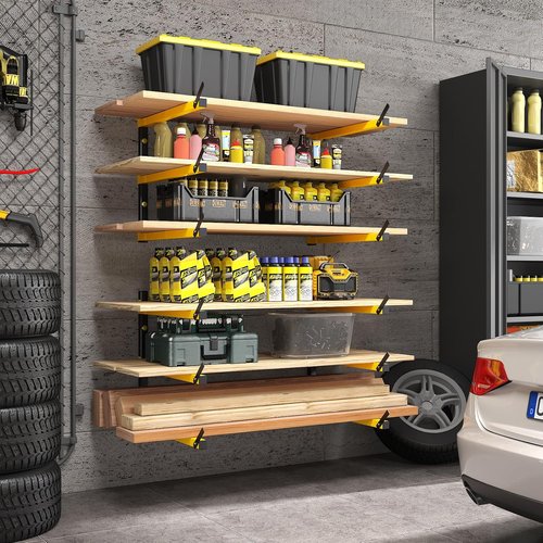 GREENER Lumber Storage Rack - Heavy-Duty Wall-Mounted Wood Organizer | 3-Level Design, Yellow, 4 Pairs