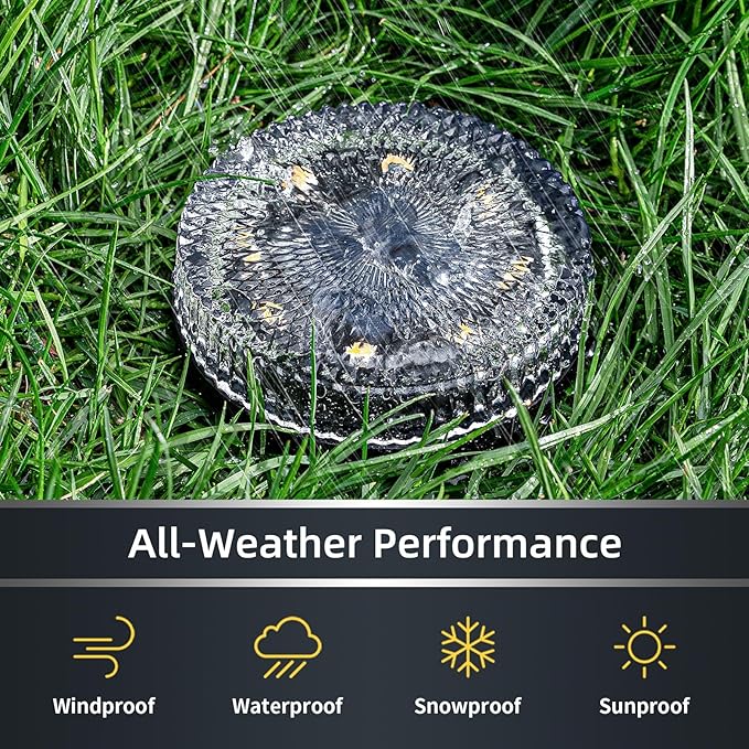 Glass Solar Ground Lights with Crystal Style, Modular-Design Waterproof In-Ground Light for Patio Pathway Lawn Yard Deck Walkway, Decorative Disk Lighting for Garden Bed, Warm White (4 Pack)