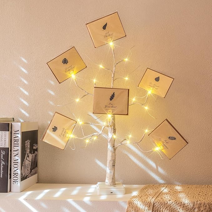 Woohaha 2FT Money Tree Gift Holder,24LED Lighted Birch Tree Table Centerpiece,Gift Card Tree Battery/USB Powered with 6 Clips and 6 Greeting Cards for Easter Decor,Party,Wedding,Birthday,Graduation