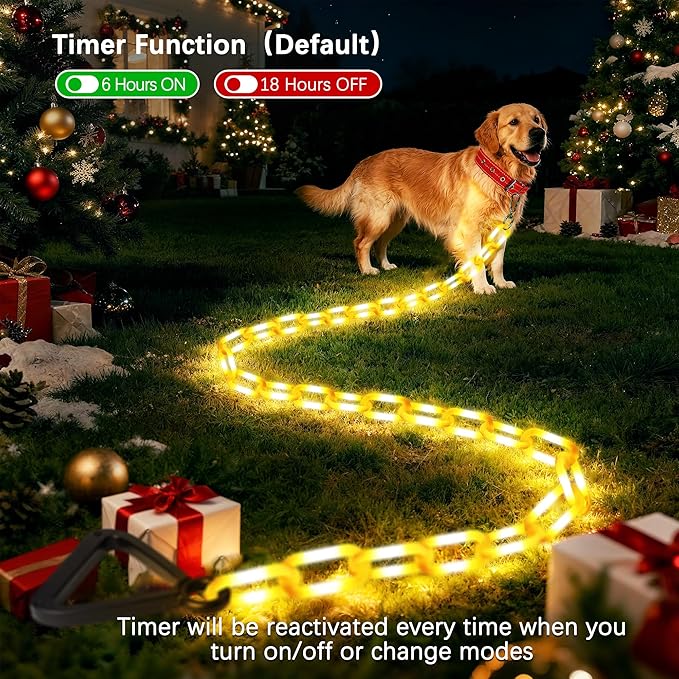 Joomer 6FT Light-Up Dog Leash for Night Walking, 60 LED Battery-Operated Dog Chain Lights with 6 Modes & Timer, Glow Leash with Secure Handle for Small to Large Pets - Warm White