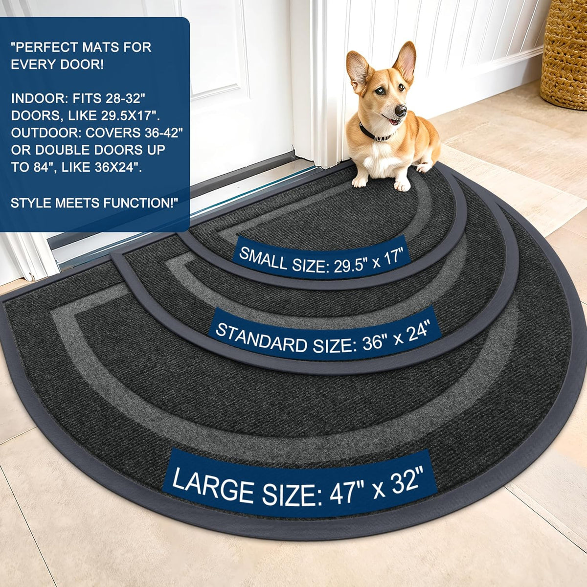 OLANLY Half Circle Door Mat - Waterproof All-Season Indoor/Outdoor Welcome Mat | Sturdy Natural Rubber, 29.5x17, Black