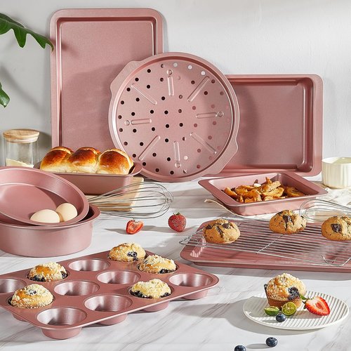 HONGBAKE Nonstick Bakeware Set - 10-Piece Kitchen Pans with Wider Grips | Includes Rack, Cookie Sheet, Cake Pans, Muffin Pan, Pizza Pan - Pink