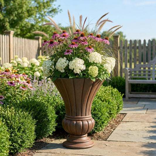 Christopher Knight Home 22.44 Inch Vintage Fluted Pedestal Urn Planter MGO Outdoor Flower Pot Large Faux Stone Garden Planter for Patio Porch Entryway Decor, Antique Bronze