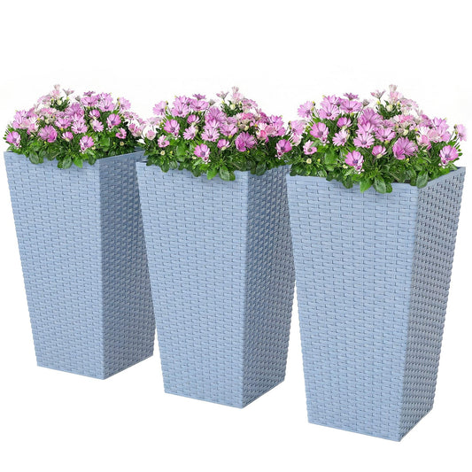 Outsunny Tall Planters for Outdoor Plants Set of 3, 24 in Taper Planters with Drainage Holes, Rattan Decor Plant Pots for Indoor Outdoor Front Porch Patio Backyard, Light Gray