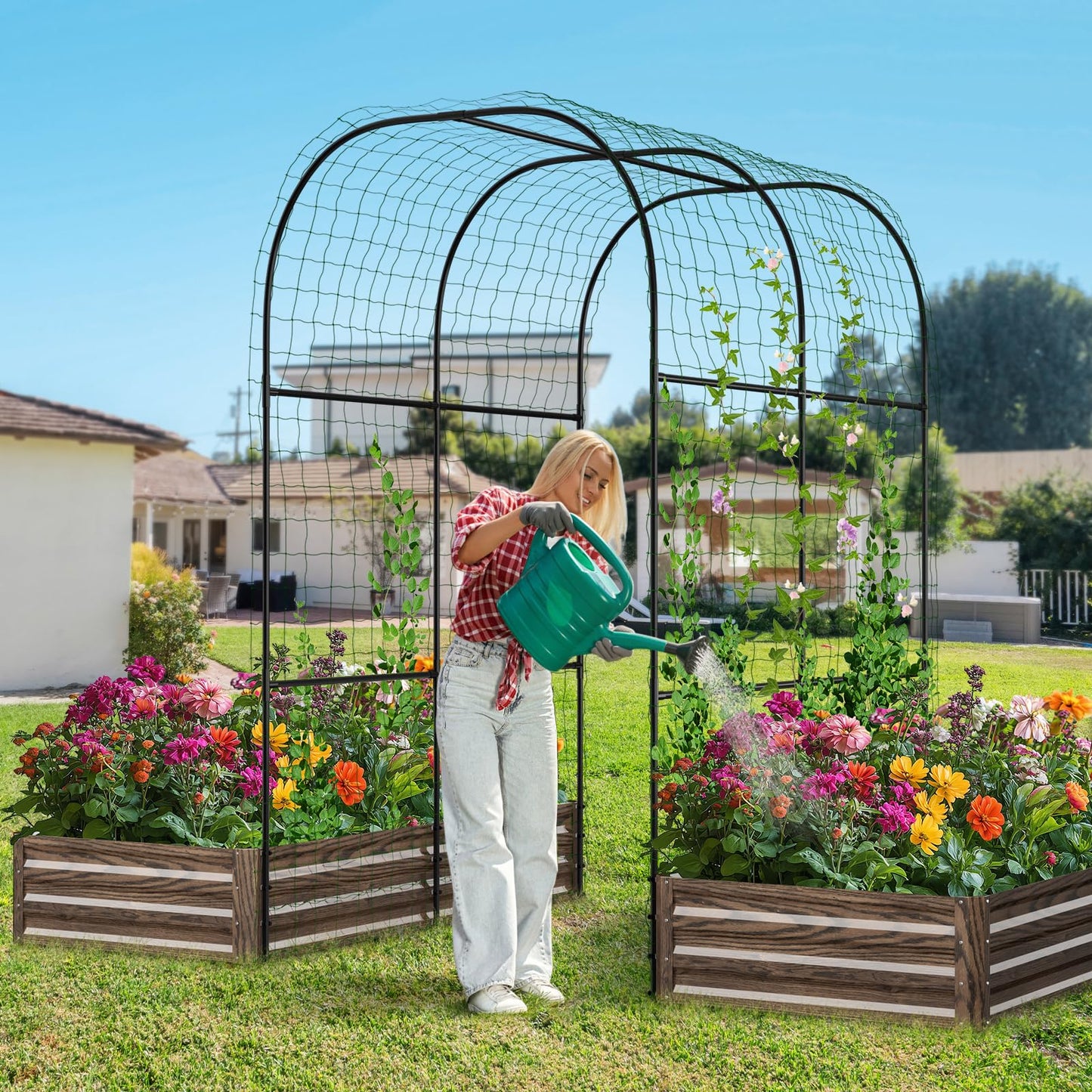 DoCred 3 in 1 Raised Garden Bed with 87in Tall Arch Trellis for Climbing Plants, Galvanized Planter Garden Box Outdoor for Gardening, Climbing Vegetables, Flower