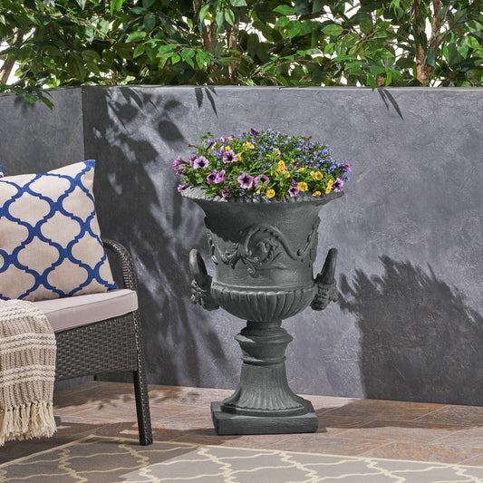 PETALORE Antique Gray Large Urn Planter Outdoor, Tall Pedestal Planters for Outdoor Plants, Classic Roman Garden Urn Flower Pot with Square Base, Magnesium Oxide Faux Stone Planter for Patio or Porch